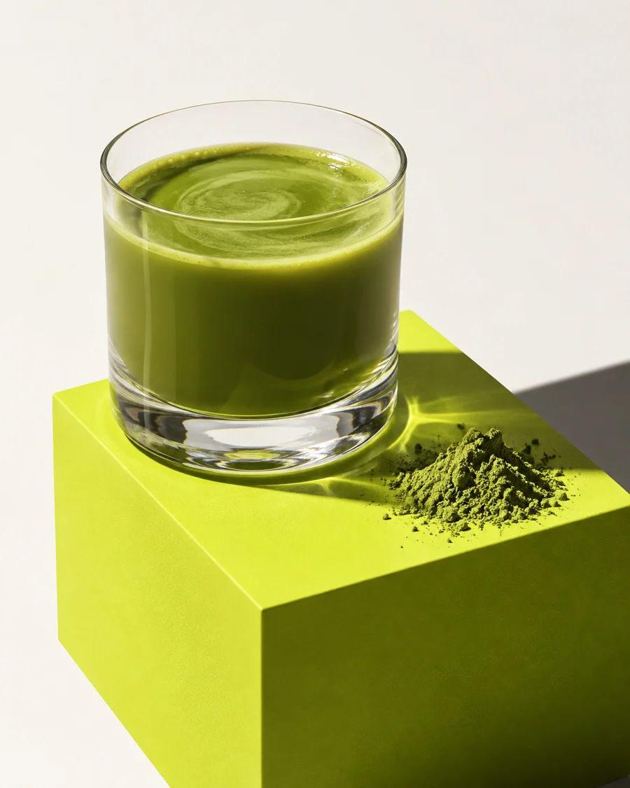 Imagen ilustrativa de una bebida verde en un vaso sobre una base de color lima